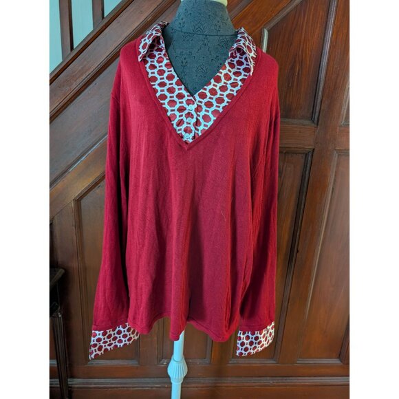 Maggie Barnes Red & White Geometric Print 3X Womens Long Sleeve Top - Picture 1 of 8